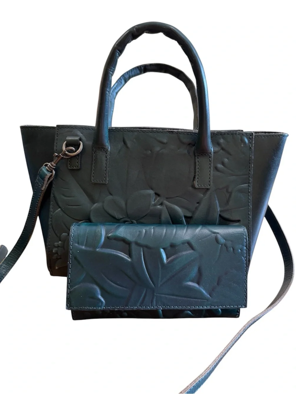 Patricia Nash Floral Embossed Leather Tote & Matching Wallet Set Dark Green